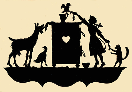 Silhouette of a girl with animals eating.